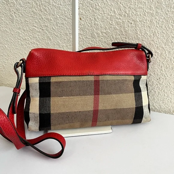 Burberry Red Leather Trim Plaid Crossbody Bag - Picture 11 of 12